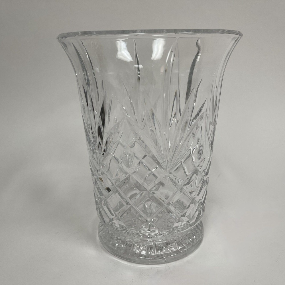 Floral Criss-Cross Clear Lead Glass Vase 7 5/8" High